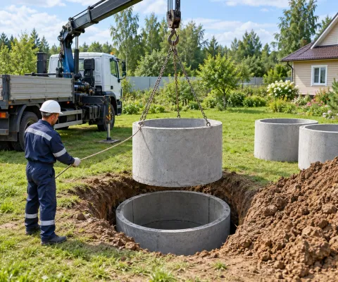 Кран опускает бетонное кольцо при копке колодца